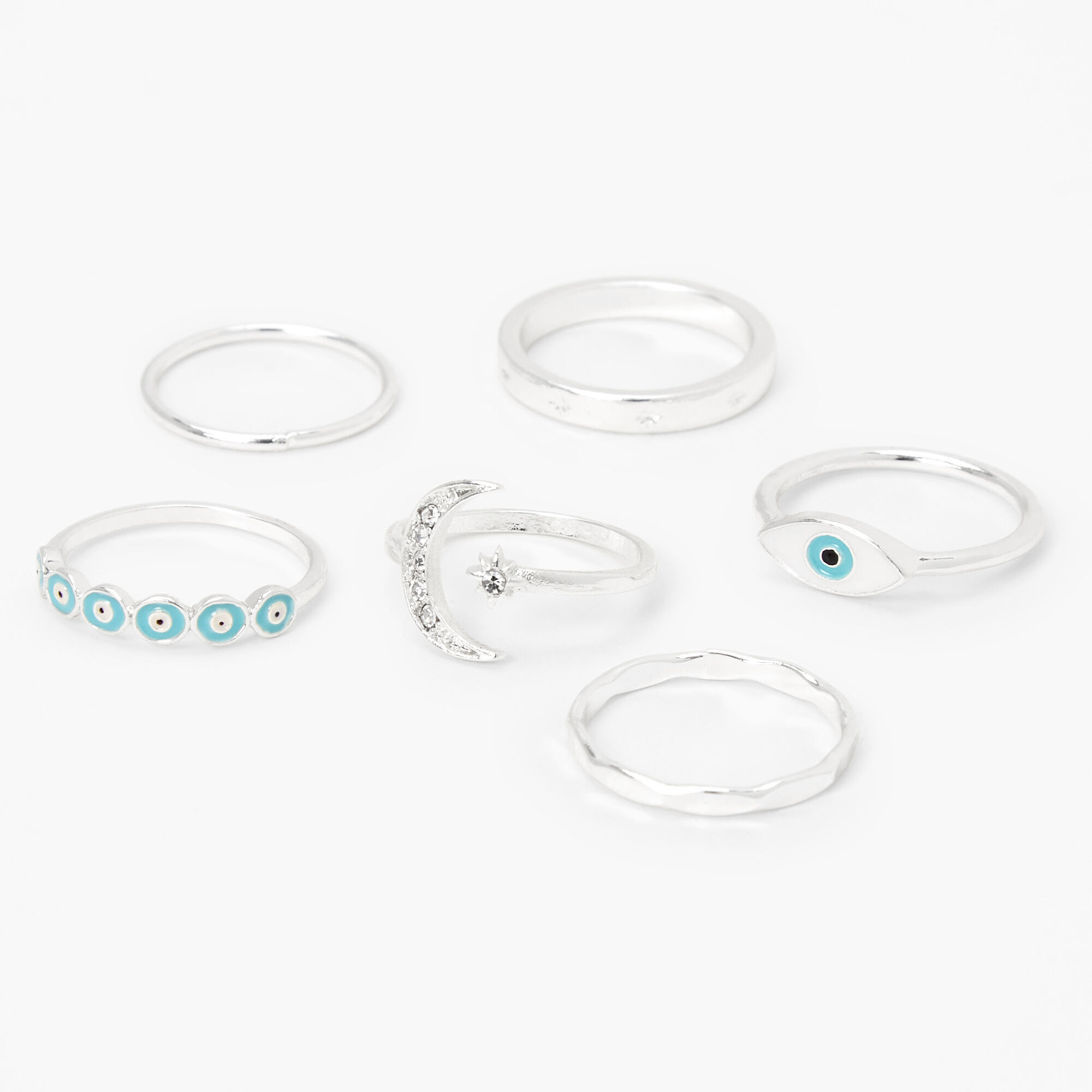 View Claires Mystical Evil Eye Rings Bue 6 Pack Silver information