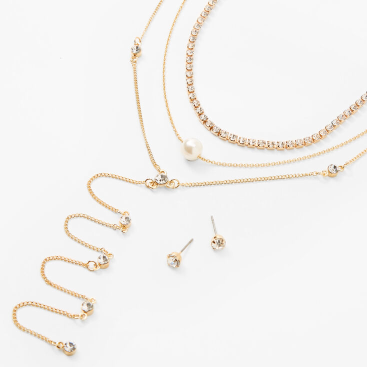 Gold Rhinestone And Pearl Layered Jewelry Set- 2 Pack,