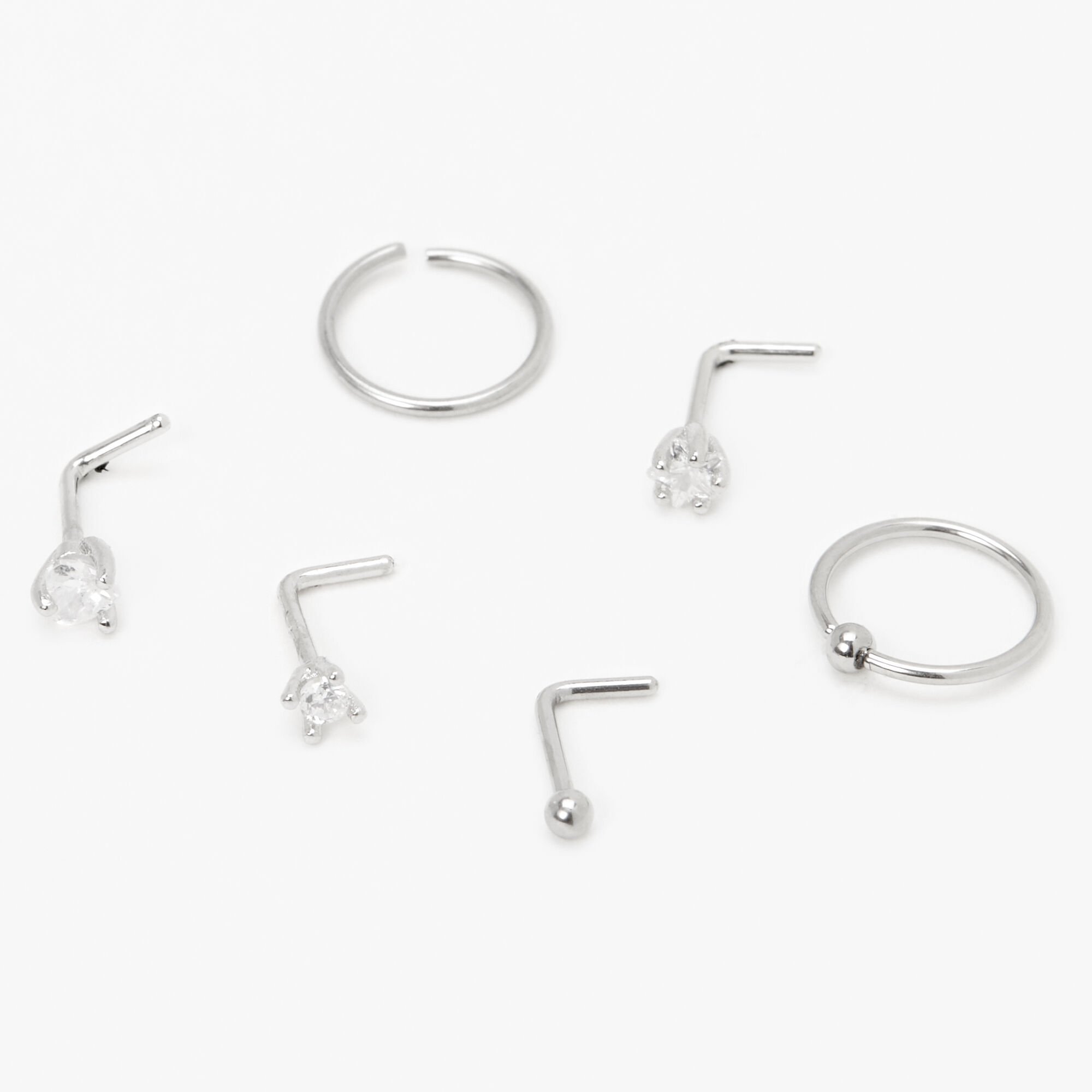  20G Silver-tone Stainless Steel Cubic Zirconia Star Heart Mixed Nose Rings - 6 Pack,