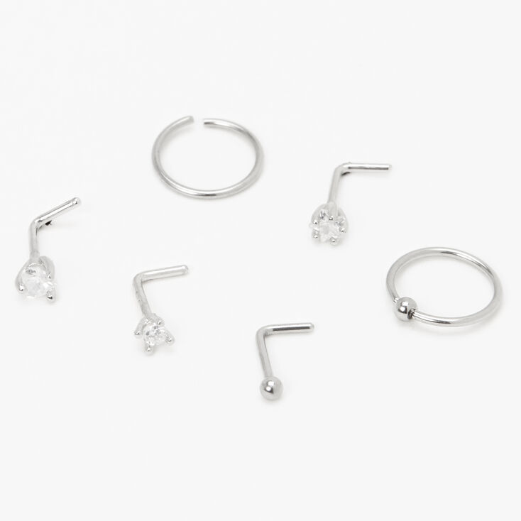  20G Silver-tone Stainless Steel Cubic Zirconia Star Heart Mixed Nose Rings - 6 Pack,