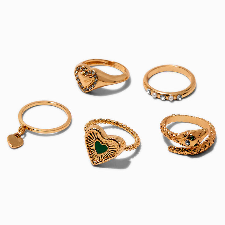Gold-tone Heart &amp; Snake Rings Stack - 5 Pack,