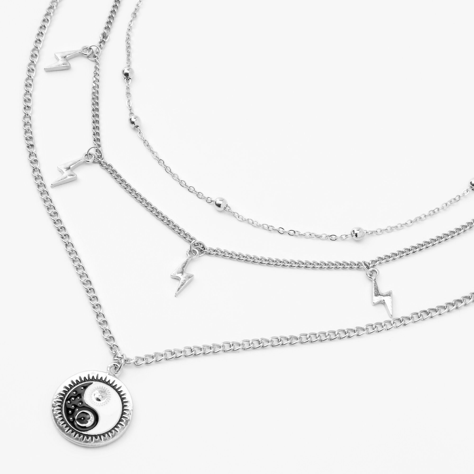 Silver Lightning Bolt Yin Yang Multi Strand Choker Necklace,