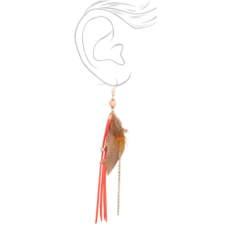 Gold 5.5&quot; Feather Fringe Tassel Drop Earrings - Coral,