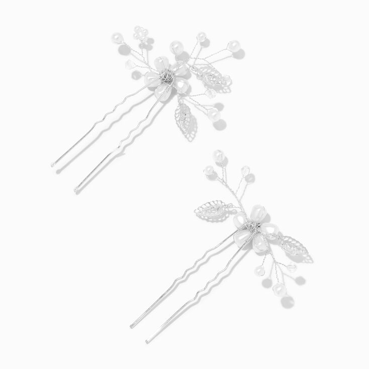 &Eacute;pingles &agrave; cheveux bouquet de feuilles et perles d&rsquo;imitation blanches - Lot de 2,