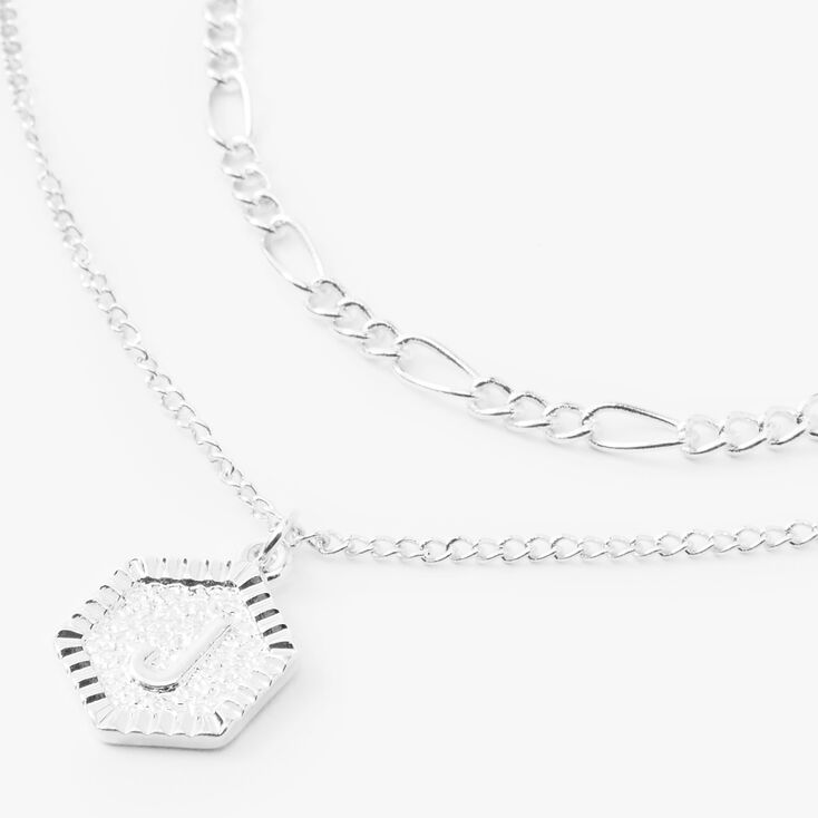 Silver Initial Hexagon Pendant Chain Necklace Set - 2 Pack, J,