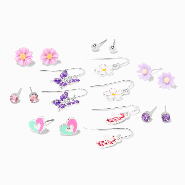 Silver Floral Butterfly Earrings Set - 9 Pack,