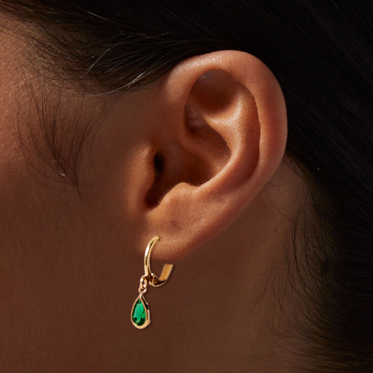 Green Teardrop Cubic Zirconia 10MM Gold-tone Huggie Hoop Earrings