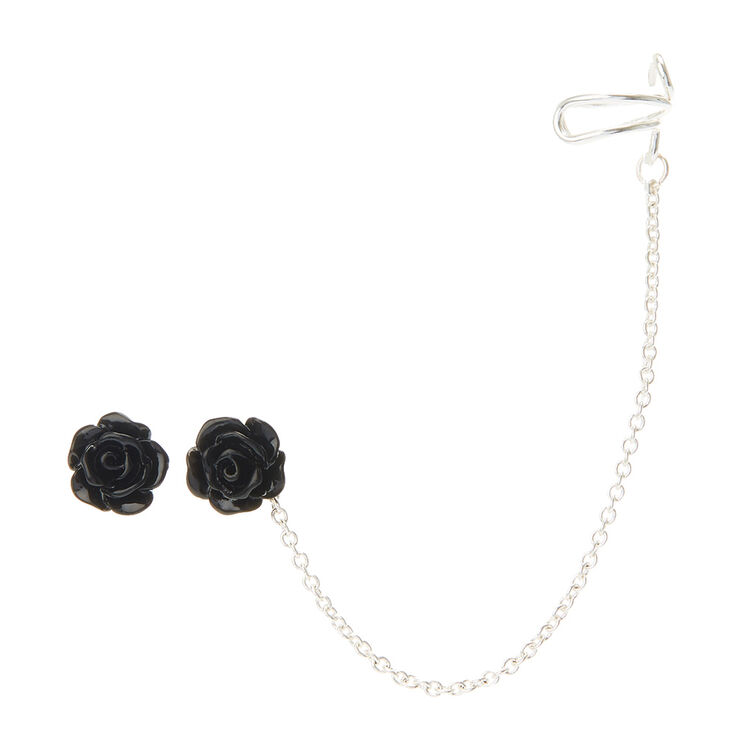 Black Rose Stud Earrings Chain Ear Cuff Claire S Black Rose Stud Earrings