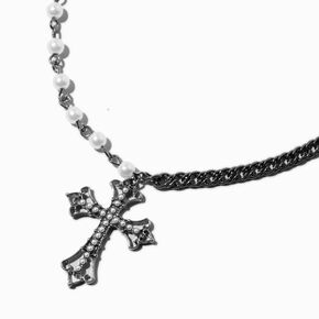 Hematite Pearl Cross Pendant Necklace ,