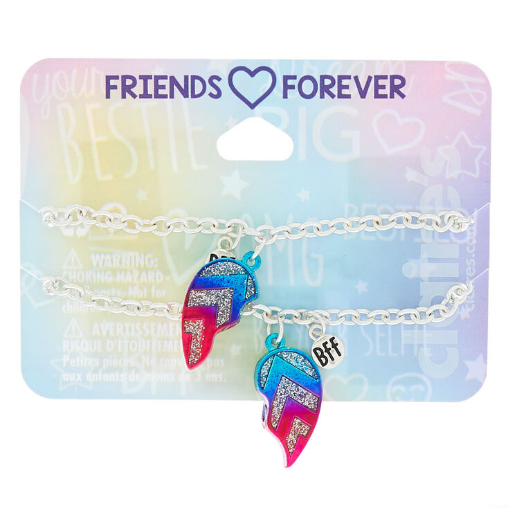 Lot de 2&nbsp;bracelets best friends couleur argent&eacute; avec breloques c&oelig;ur arc-en-ciel,