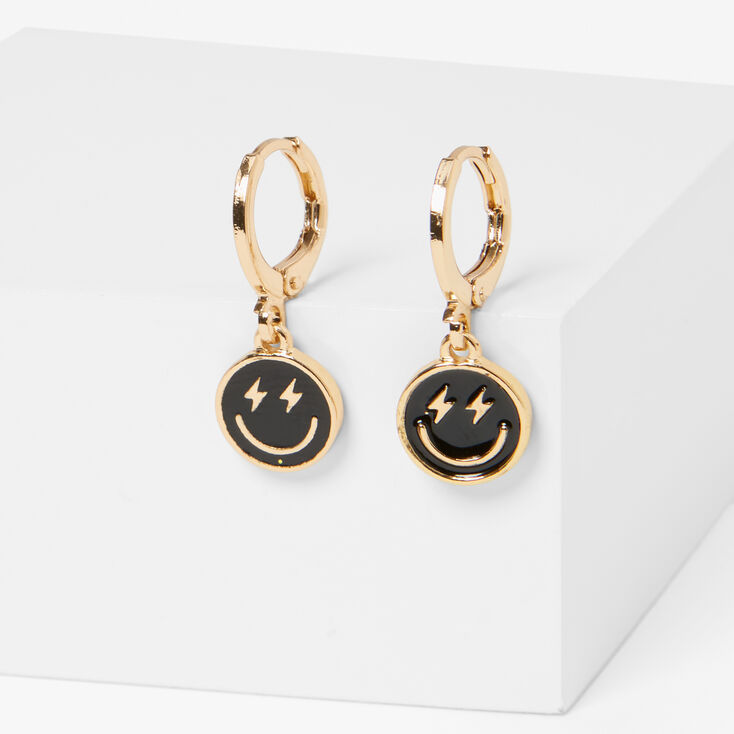 Black Happy Face Gold-tone 20MM Huggie Hoop Earrings,