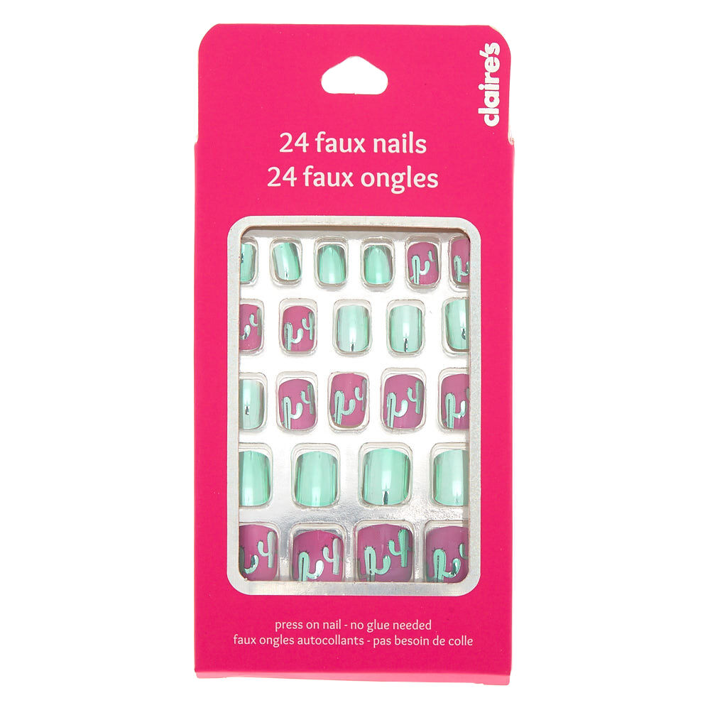 Lot de 24 faux ongles vert menthe métallisés motif cactus,