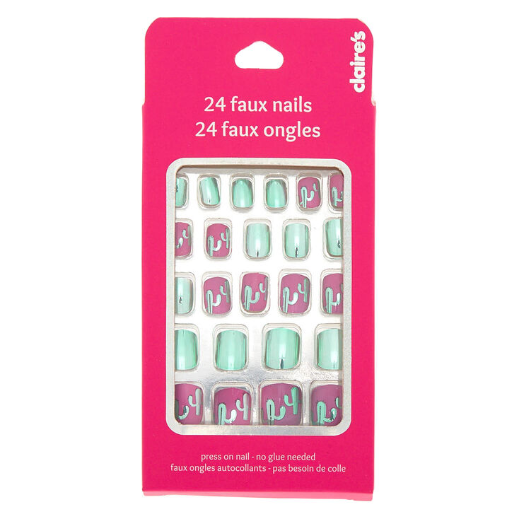 Lot de 24 faux ongles vert menthe m&eacute;tallis&eacute;s motif cactus,