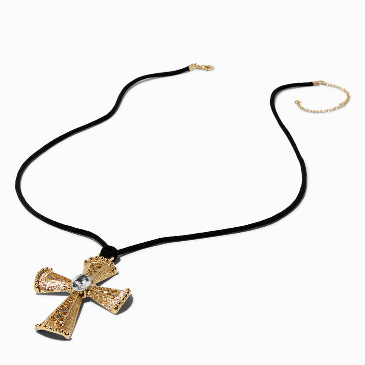 Collier en cordon noir pendentif croix couleur dor&eacute;e,
