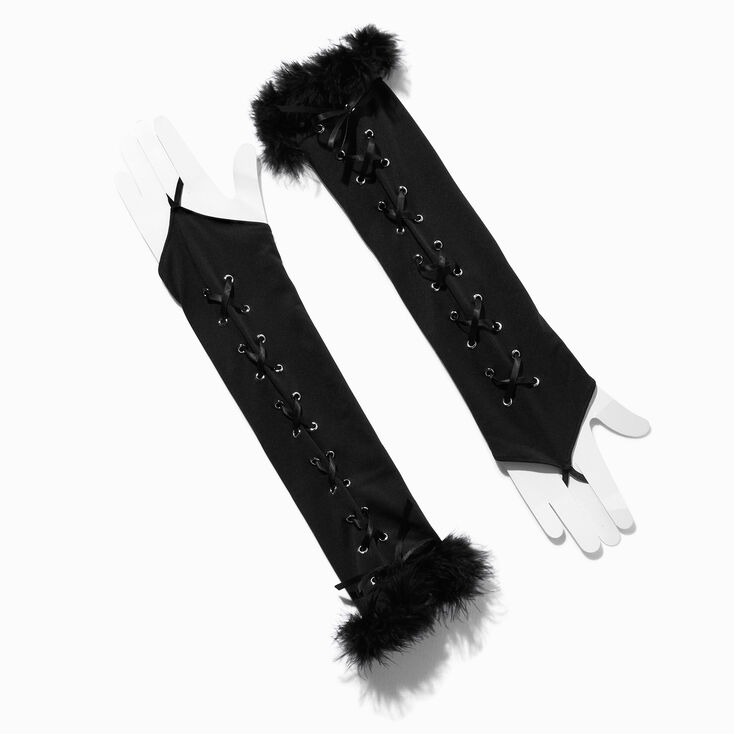 Feathery Black Lace Up Long Arm Warmers,