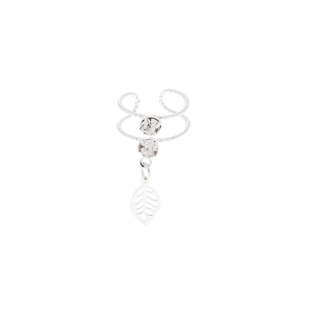 Silver Crystal Leaf Double Row Ear Cuff,