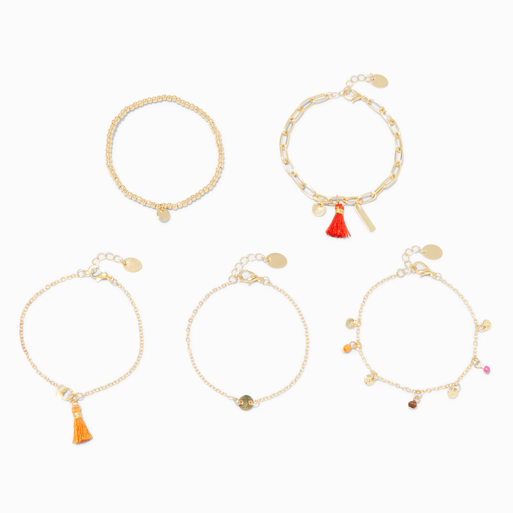 View Claires Tassel GoldTone Beaded Chain Bracelet Set 5 Pack Orange information