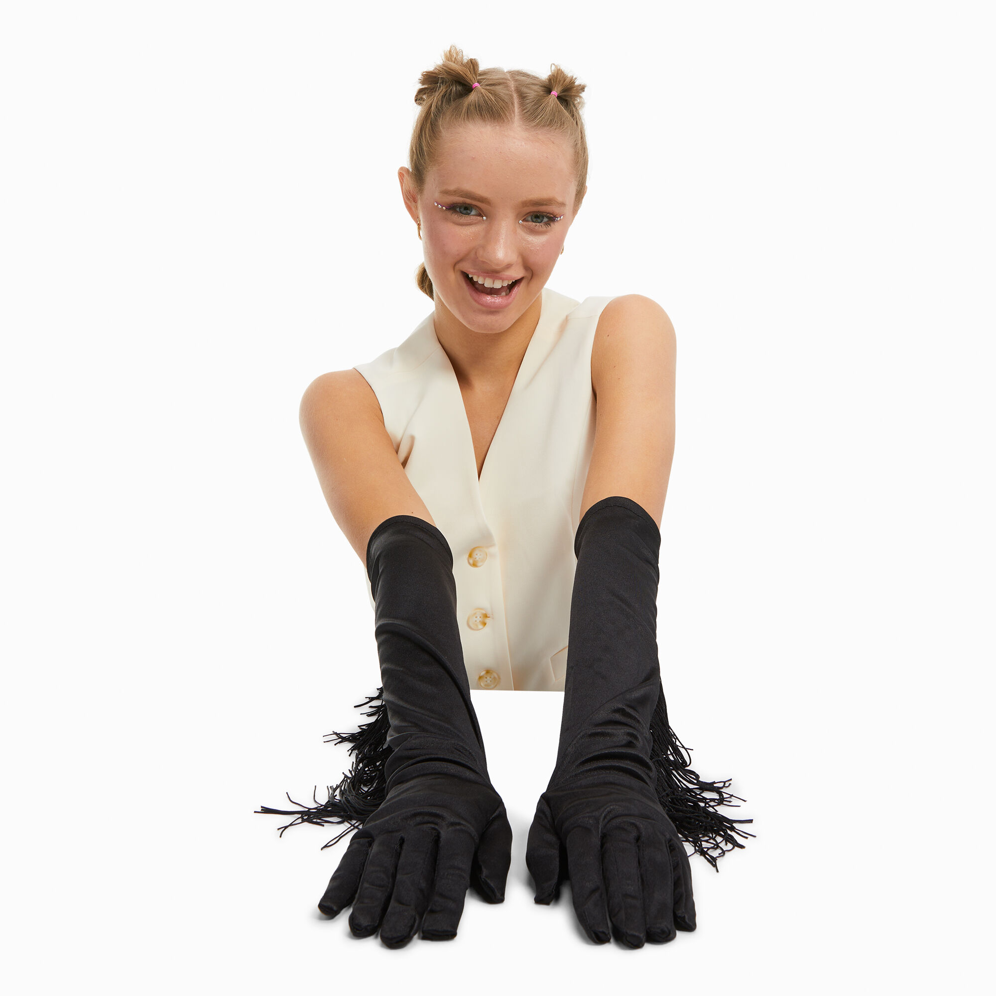 View Claires Fringe Long Gloves Black information