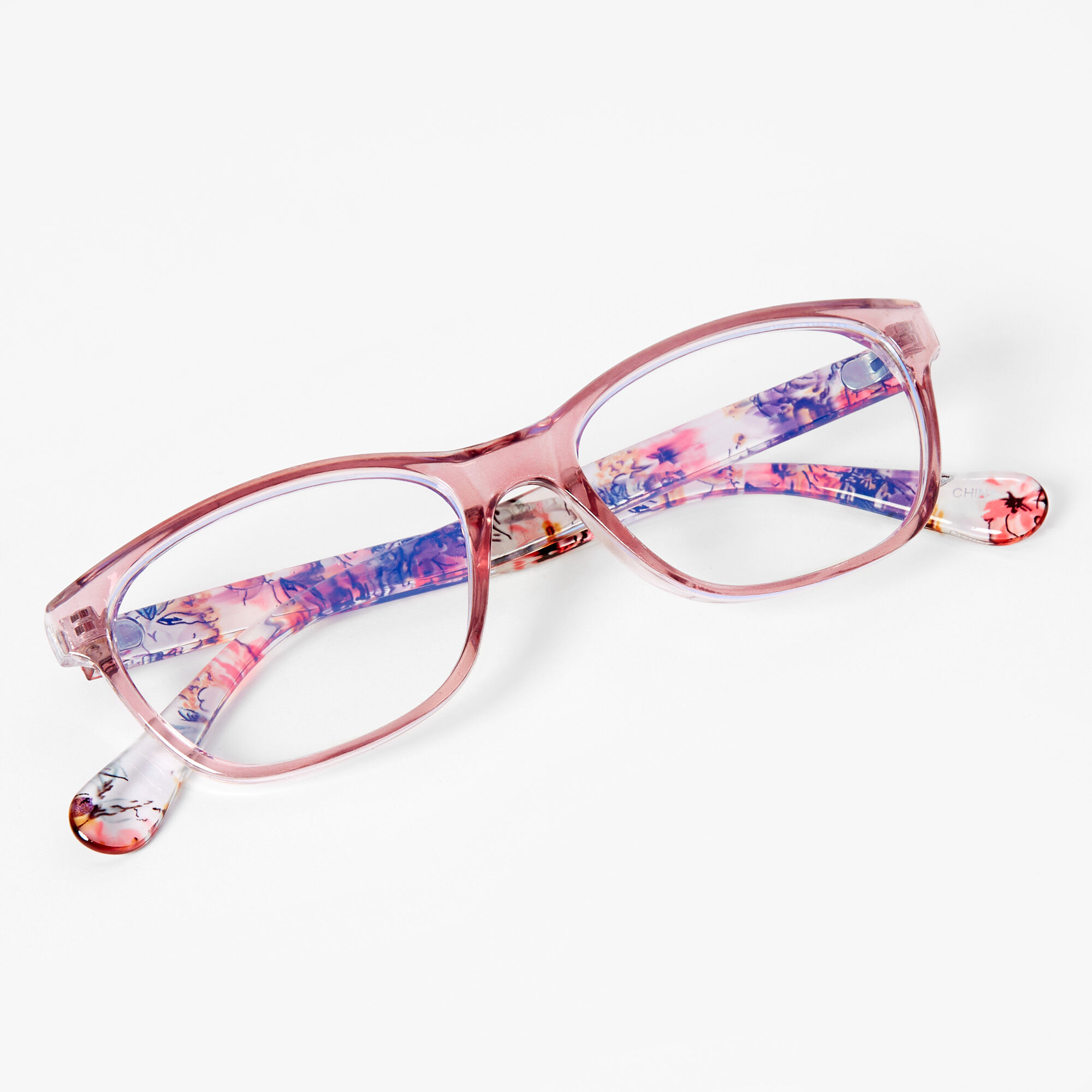 Solar Blue Light Reducing Floral Rectangle Clear Lens Frames - Pink,