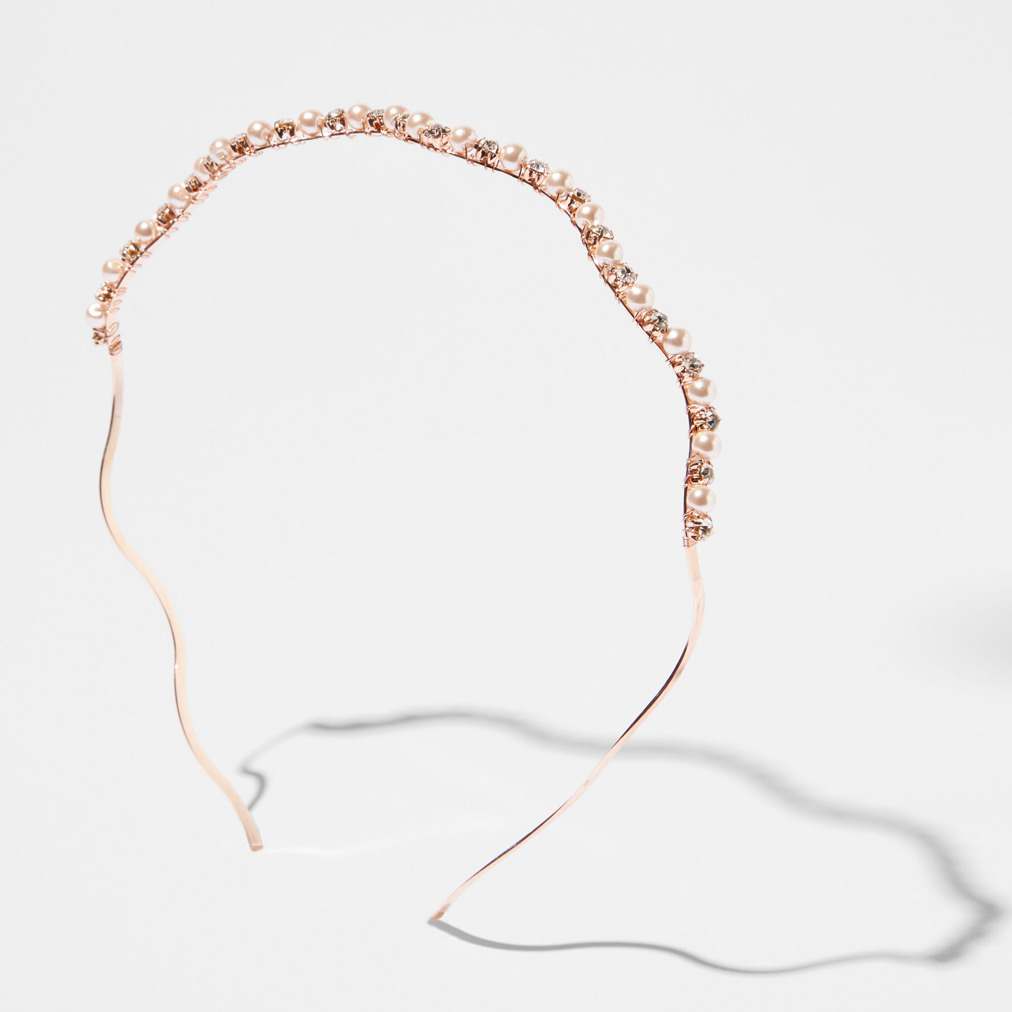 Rose Gold Rhinestone Pearl Wavy Headband,