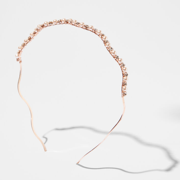 Rose Gold Rhinestone Pearl Wavy Headband,