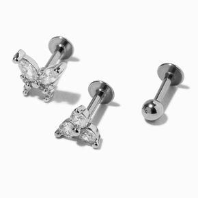 Boucles d&rsquo;oreilles pour piercing au cartilage strass papillon 1,3&nbsp;mm couleur argent&eacute;e - Lot de&nbsp;3,