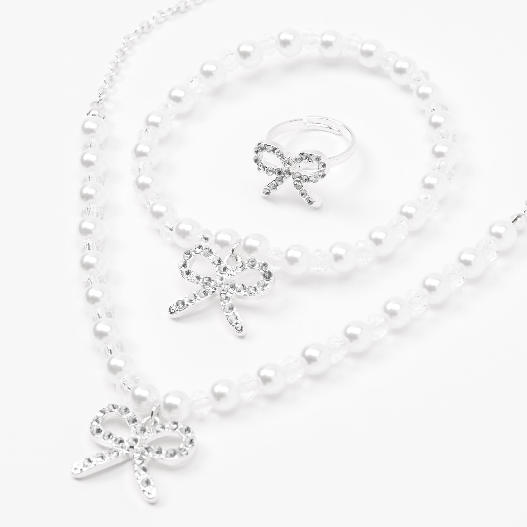 Claire's Club Silver Pearl Bow Embellished Jewelry Set - 3 Pack,