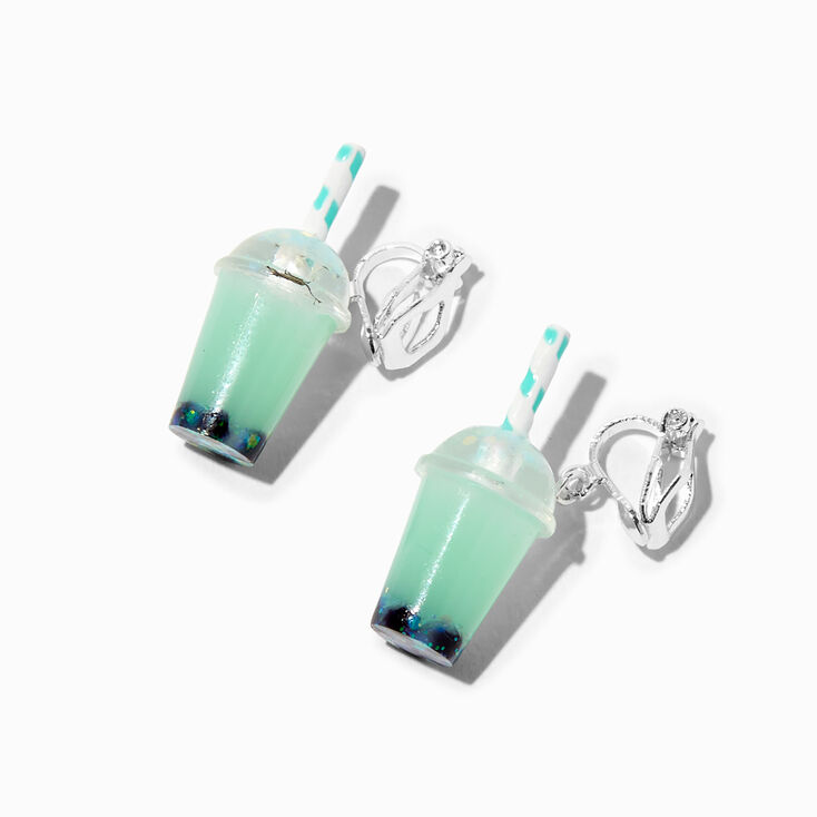 Silver 0.5&quot; Mint Bubble Tea Clip On Drop Earrings,