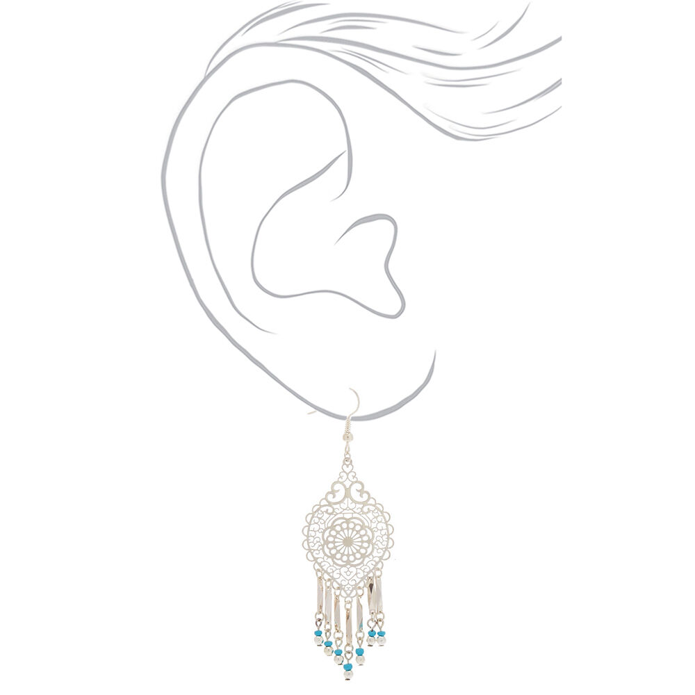 Silver 2.5" Filigree Bead Drop Earrings - Turquoise,