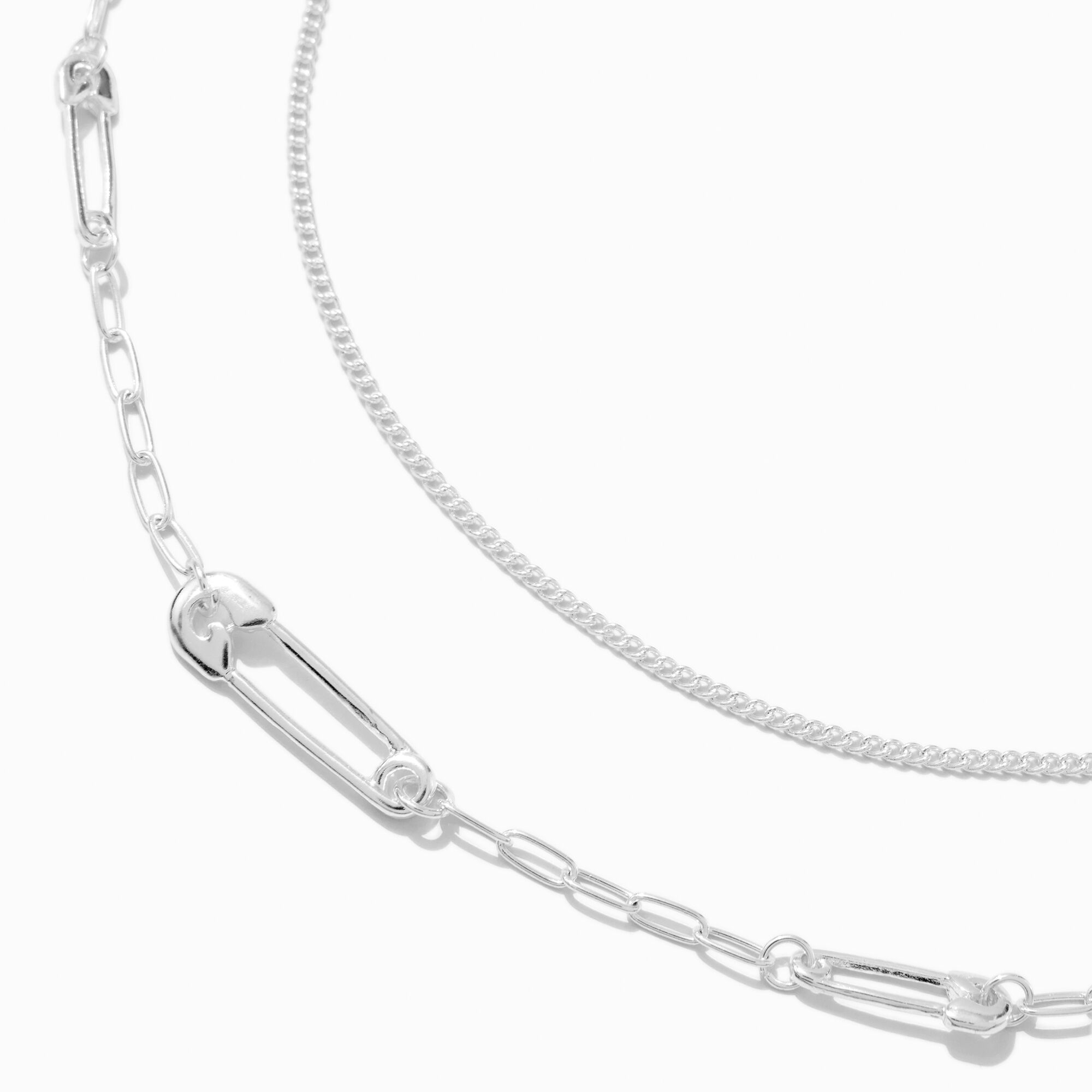 Silver-tone Safety Pin Chain Multi-Strand Necklace,