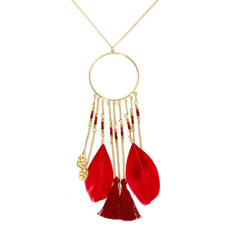 Claire's Collier à pendentif couleur doré avec pompons et plumes rouges