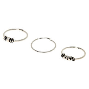 Sterling Silver 21G Bali Beaded Hoop Nose Rings - 3 Pack,