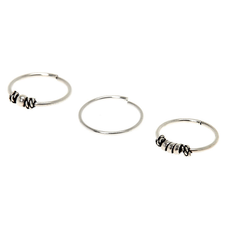 22G Sterling Silver Bali Beaded Hoop Nose Rings - 3 Pack,