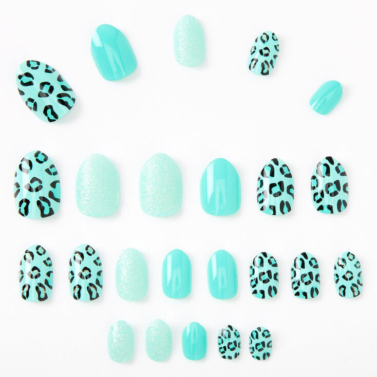 Leopard Print Stiletto Press On Faux Nail Set - Teal, 24 Pack,