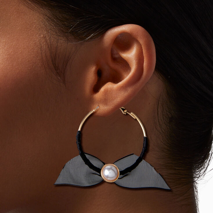 Black Organza Bow Gold-tone 30mm Hoop Earrings ,