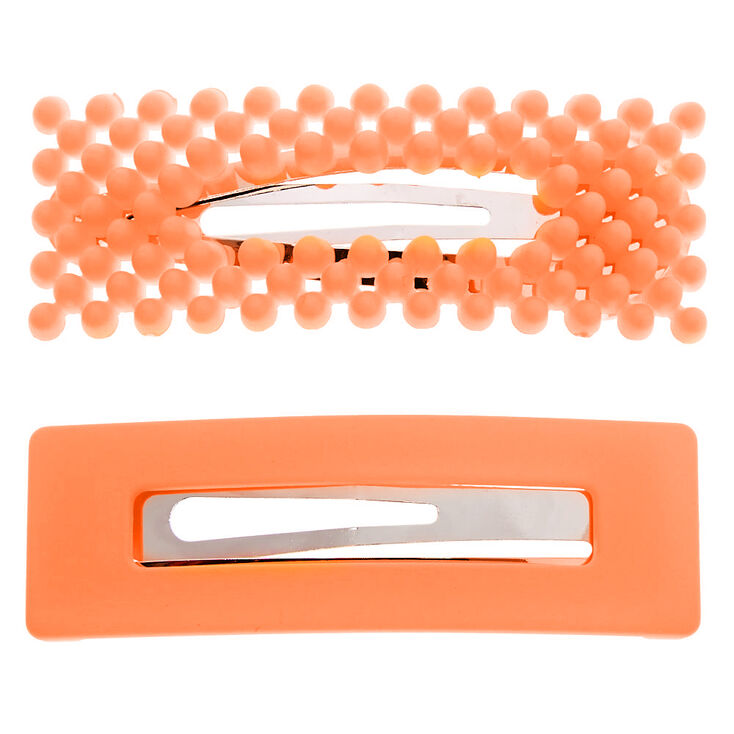 Claire's Barrettes clic clac rectangulaires avec perles d’imitation et finition mate - Orange fluo, lot de 2