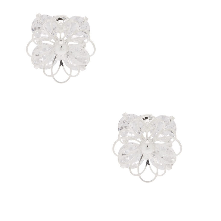 Silver Cubic Zirconia Flower Stud Earrings,