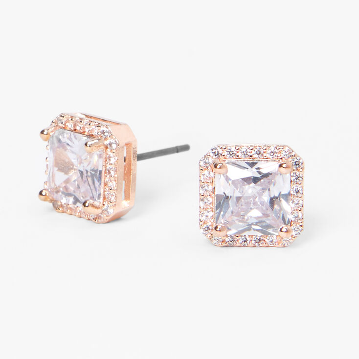 Rose Gold Square Cubic Zirconia Halo Stud Earrings,