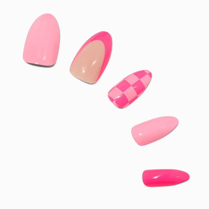 Pink Checkered French Tip Stiletto Vegan Faux Nail Set - 24 Pack,