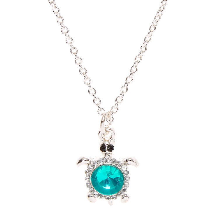 Green Crystal Silver Turtle Pendant Necklace,