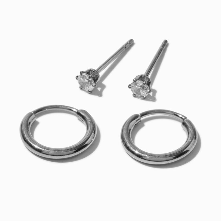 C LUXE by Claire&#39;s Silver-tone Titanium Cubic Zirconia Studs &amp; Clicker Hoop Earrings - 2 Pack,