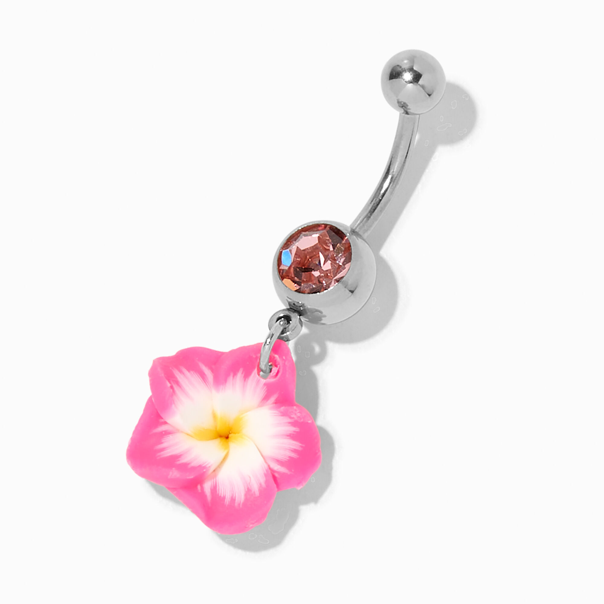 Pink Hibiscus Flower 14G Dangle Belly Ring