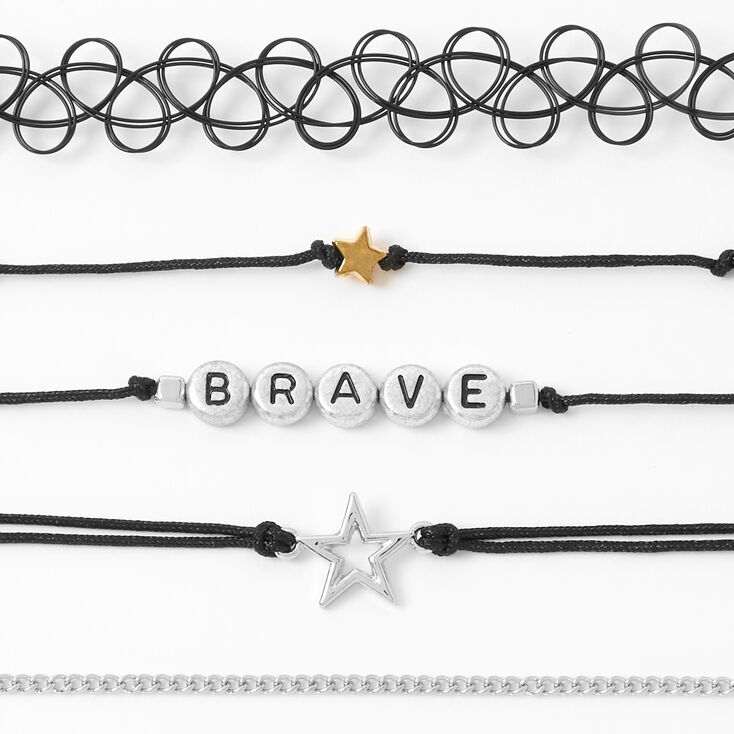 Silver Brave Star Mixed Choker Necklaces - Black, 5 Pack,