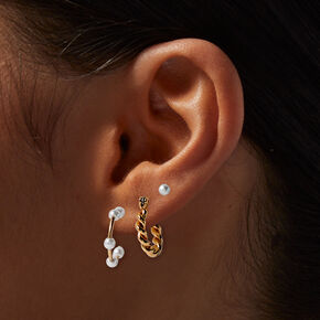 Gold-tone Twisted Pearl Earring Stackables Set - 3 Pack,