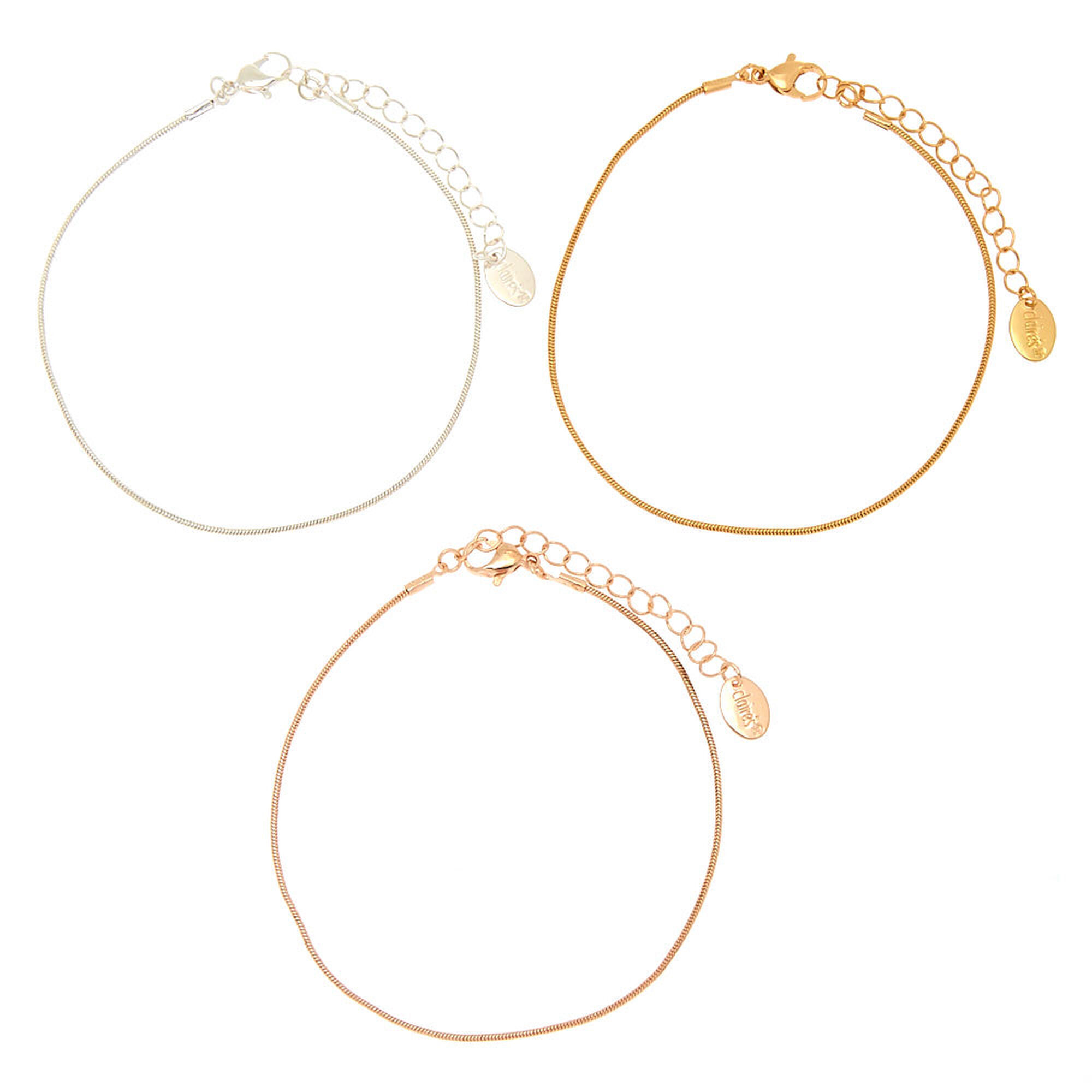 View Claires Mixed Metal Chain Anklets 3 Pack Rose Gold information