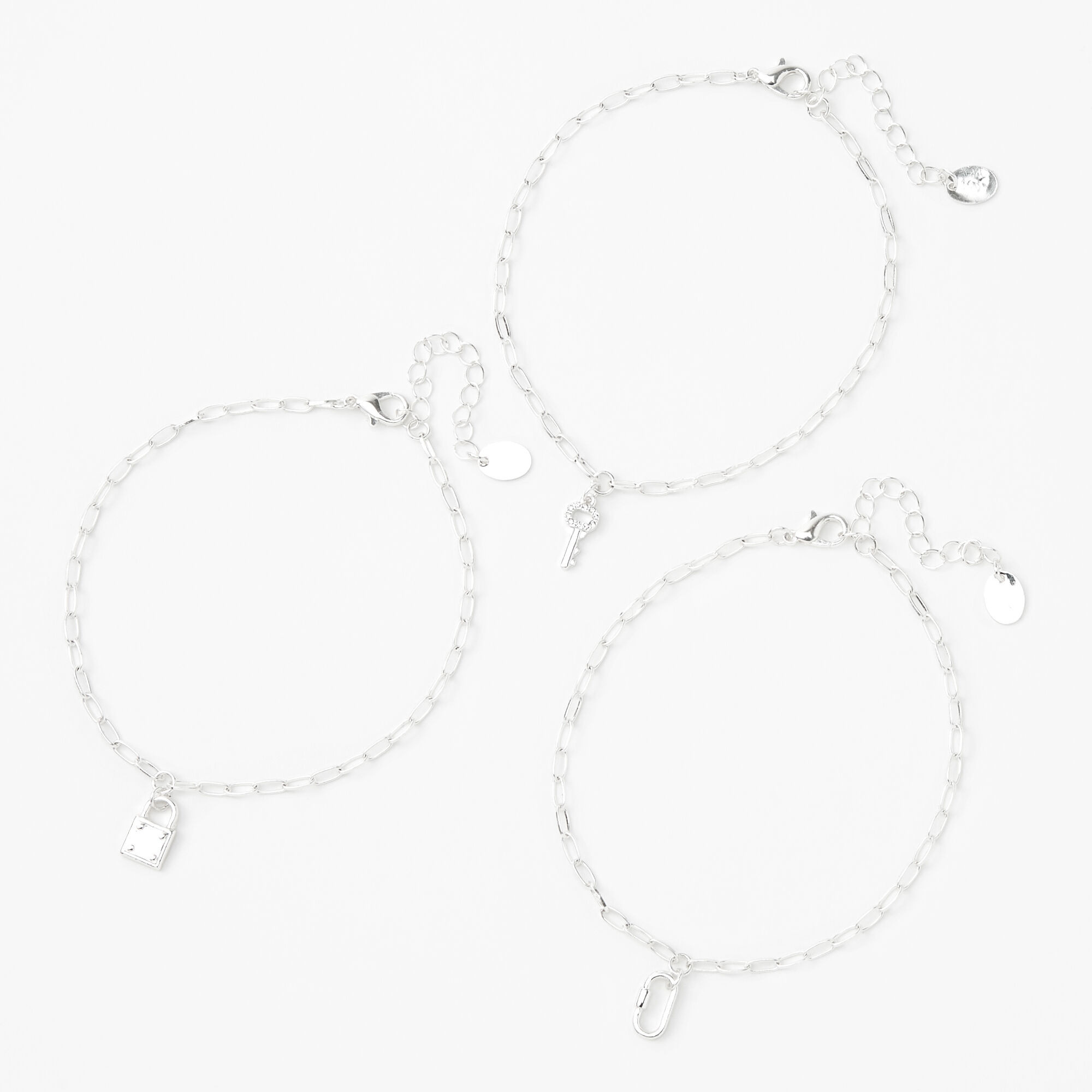 Silver Lock & Key Chain Anklets - 3 Pack,