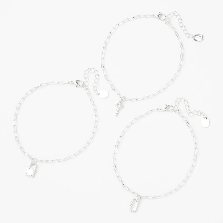 Silver Lock &amp; Key Chain Anklets - 3 Pack,