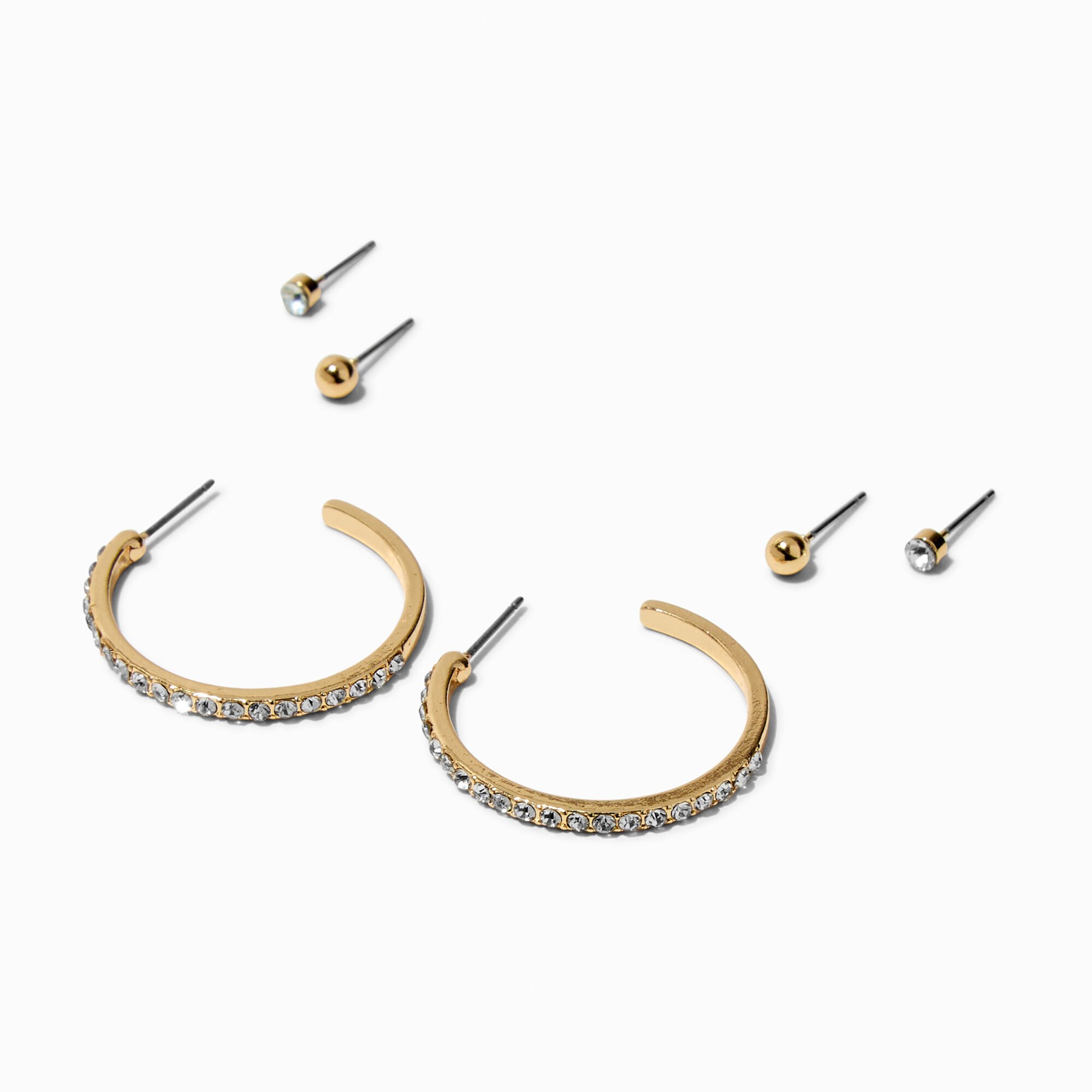 View Claires Tone Crystal 25MM Hoop Earrings Stack 3 Pack Gold information