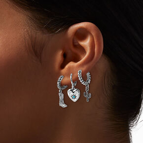 Silver-tone Cowgirl Hoop Earring Stackables Set - 3 Pack,