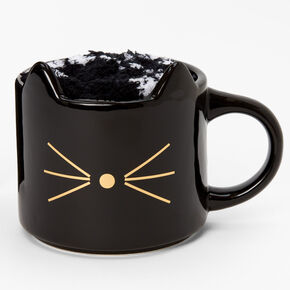 Coffret cadeau mug en c&eacute;ramique visage de chat noir - Lot de 2,